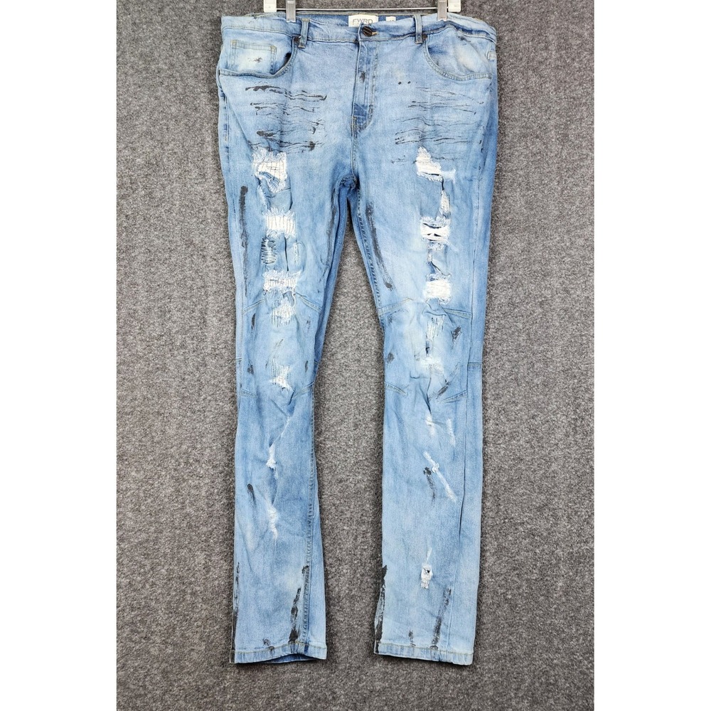 FWRD Denim Jeans Mens 40 Light Wash Distressed‎ Black Paint Splatter Skinny Moto